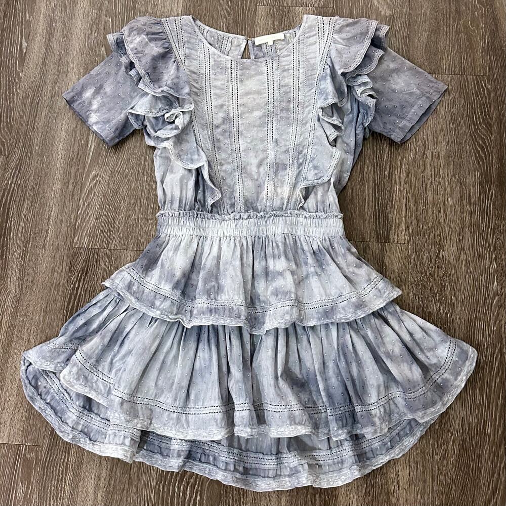 LoveShackFancy Natasha Mini Dress Washed Denim Blue Ruffle Sz Large - Picture 2 of 15